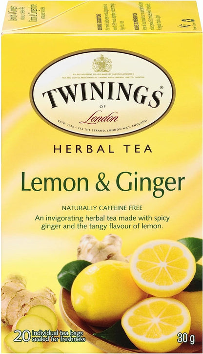Twinings Lemon and Ginger Herbal Tea Bags - Caffeine-Free, 20 Count (Pack of 6)