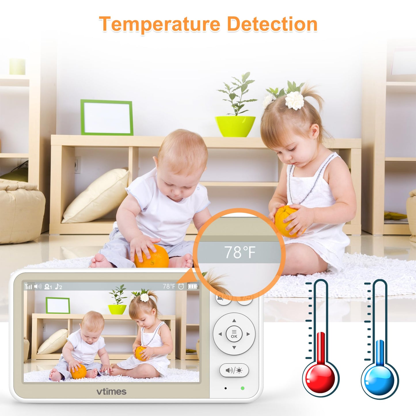 VTimes Baby Monitor No WiFi, 5" Screen Video Baby Monitor with 32Hr Battery, Pan-Tilt-Zoom Camera, VOX Mode, Two-Way Audio, Night Vision, Temperature Display, Lullabies, 1000ft Long Range