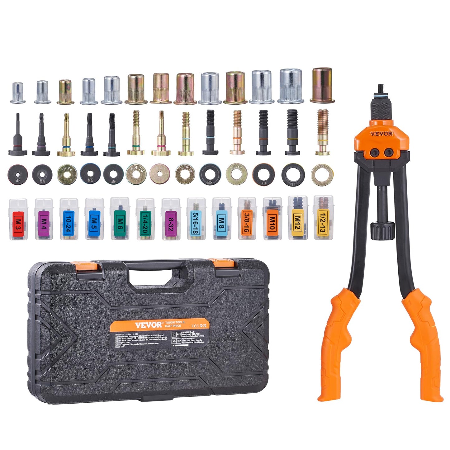 VEVOR 16" Rivet Nut Tool, Labor-Saving Rivnut Tool Kit with 13PCS Metric & SAE Mandrels, 186PCS Rivet Nuts,M3, M4, M5, M6, M8, M10, M12, 1/4-20, 5/16-18, 3/8-16,1/2-13, 8-32, 10-24 with Carrying Case VEVOR