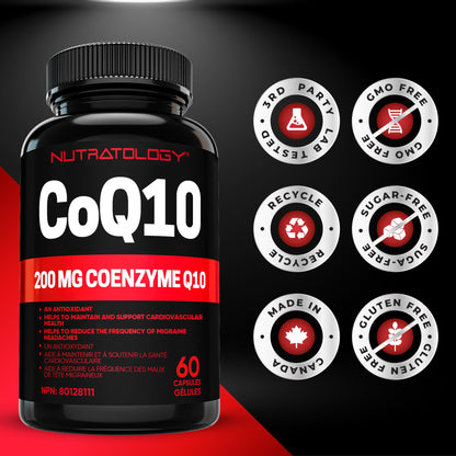 Nutratology® Coenzyme Q10 (CoQ10) 200MG - Cardiovascular Health Support - Antioxidant for Heart Health - Helps Reduce the Frequency of Migraines - CoQ10 Supplement - 60 Capsules - Available at All In One Marketplace Canada