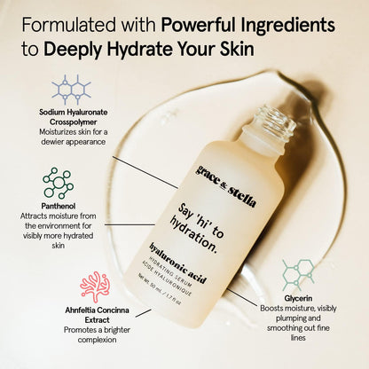 grace & stella Award Winning Hyaluronic Acid Serum for Face (50ml) Hydrating Hyaluronic Acid - Acide Hyaluronique Face - Anti Aging Serum to Hydrate, Remove Fine Lines, Wrinkles, Boost Collagen - Available at All In One Marketplace Canada