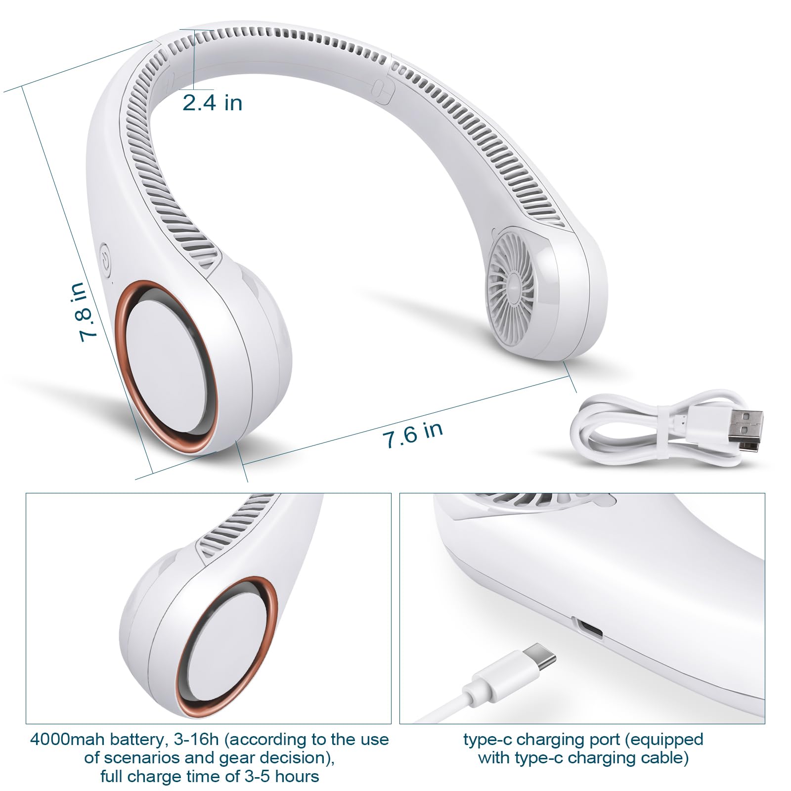 CIVPOWER Neck Fan: Portable Personal Neck Cooling Rechargeable Bladeless Fan - Hands Free 3 Speed 4000 mAh Battery USB Operated Wearable Headphone Design - for Men Women Outdoor Indoor (White) - Available at All In One Marketplace Canada