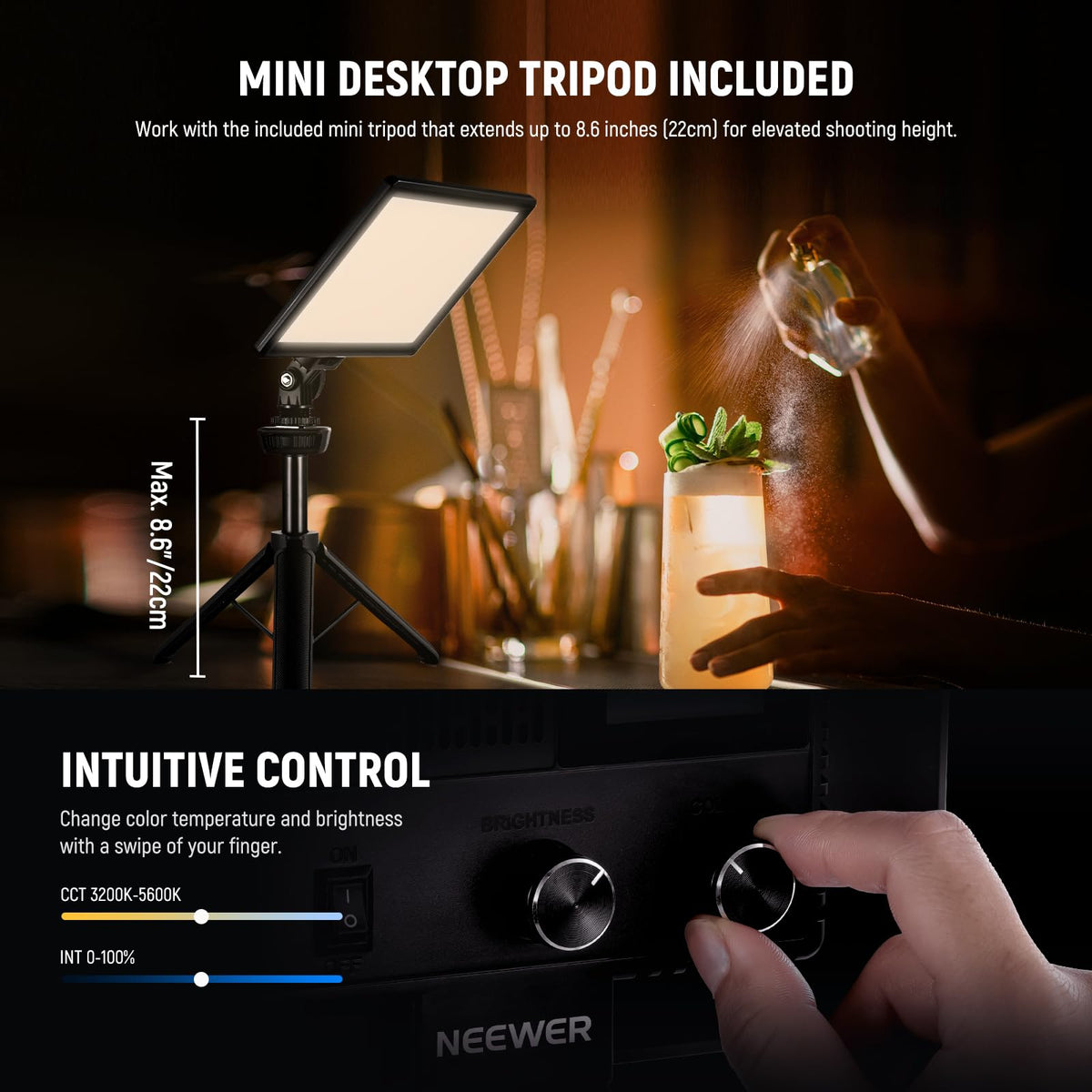 NEEWER NL-116AI 9" LED Video Light Panel, Camera Lighting with Desk Tripod