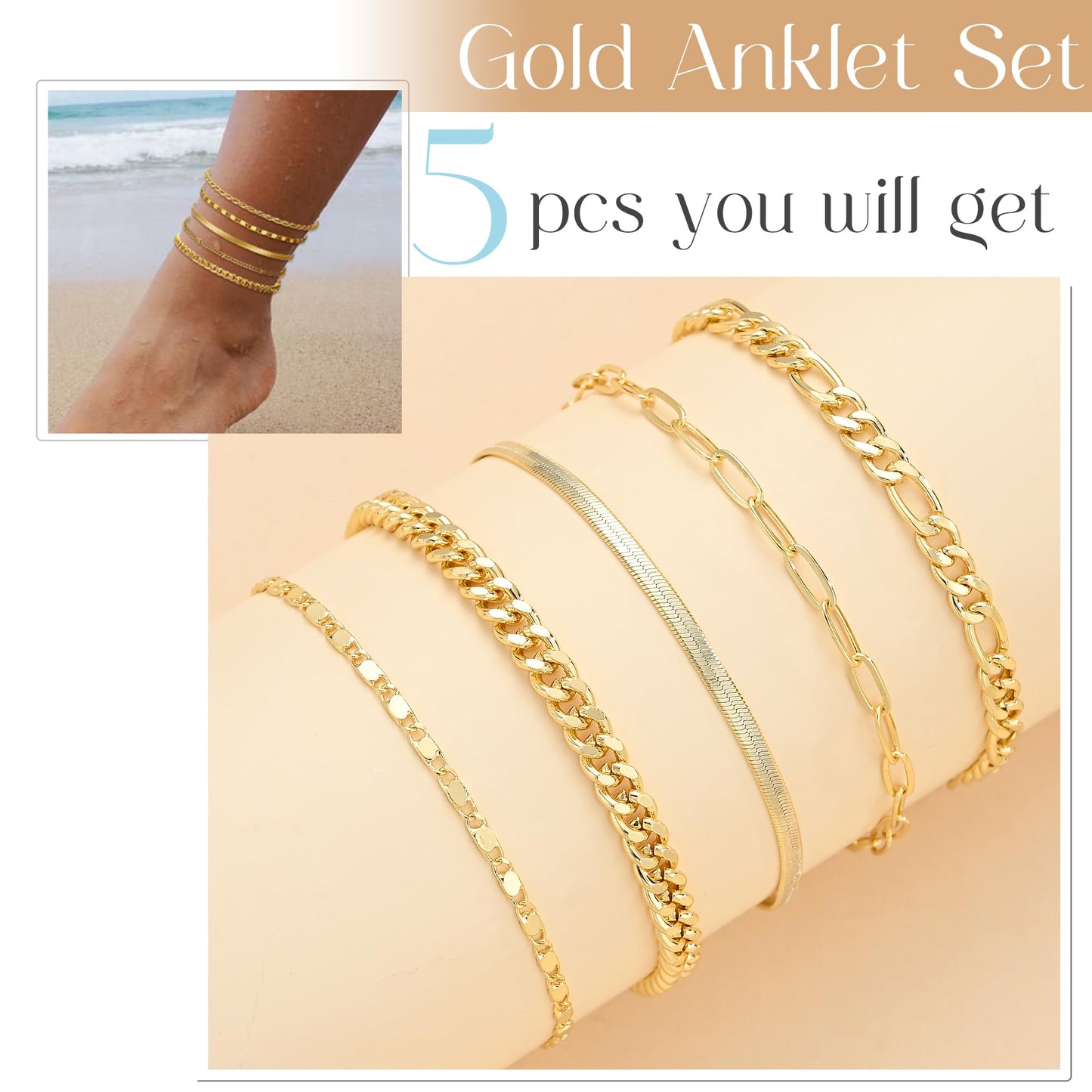 Gold Ankle Bracelets for Women, 14k Gold Plated Waterproof Cuban Link Chain Anklets Set, Layered Anklet Bracelets for Women Beach Gift Adjustable Size 5pc (GOLD-1) - Available at All In One Marketplace Canada