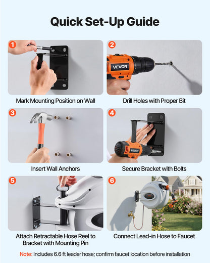 VEVOR Retractable Hose Reel, 100 ft x 1/2 inch, 180° Swivel Bracket Wall-Mounted, Garden Water Hose Reel with 9-Pattern Nozzle, Automatic Rewind, Lock at Any Length, and Slow Return System - Available at All In One Marketplace Canada