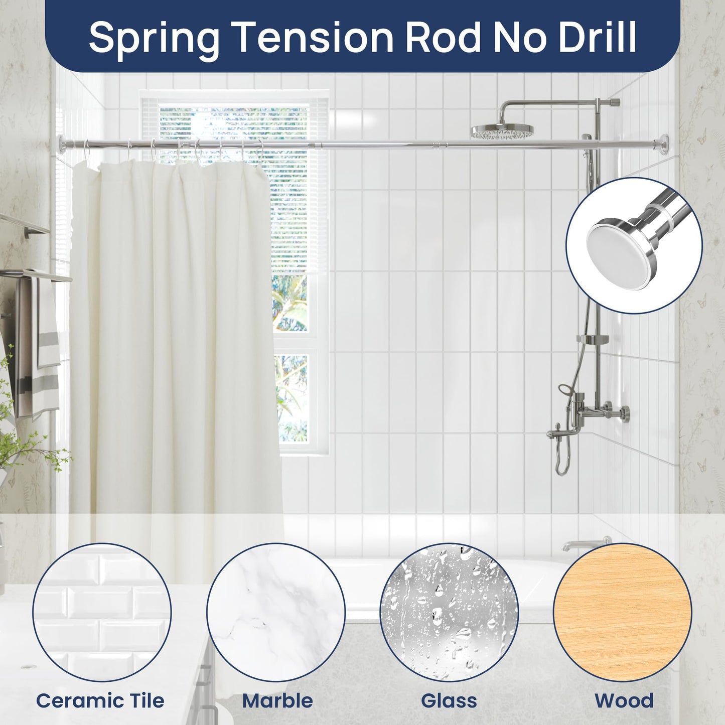 Shower Curtain Rod 30 to 76 Inches, 1 Inch Adjustable Spring Tension Stainless Steel Shower Rod No Drill for Bathroom, Closet, Window, Room Divider, Never Rust, Non Slip, Chrome