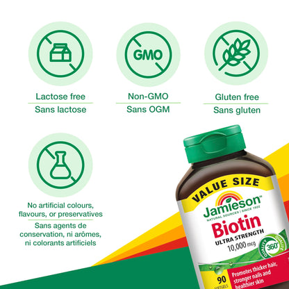 Jamieson Ultra Potency Biotin 10,000 mcg, 90 Softgels. Easy to Swallow, Supports Thicker Hair, Healthier Skin and Stronger Nails. No Artificial Flavours, Colours, or Preservatives, Proudly Canadian - Available at All In One Marketplace Canada