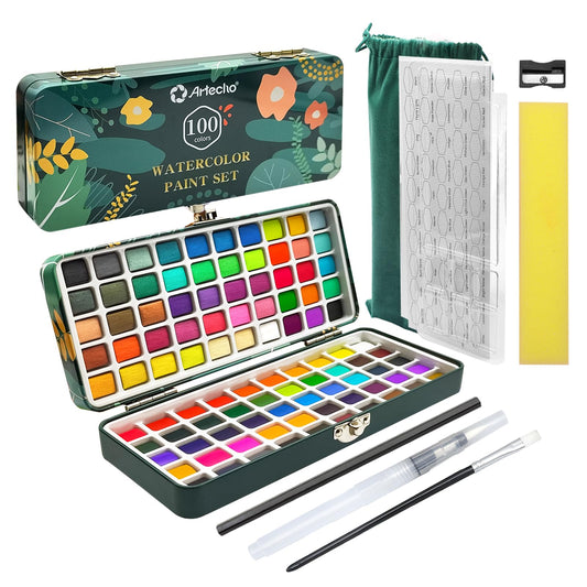 Artecho Watercolor Paint Set 100 Colors in Portable Box Including, Travel Watercolor Set with Watercolor Papers, Brushes and other Tools, Idea for Artists and Hobbyists - Available at All In One Marketplace Canada