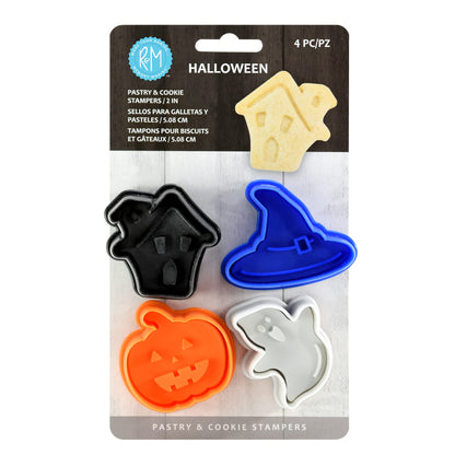 R&M International 0494 Emporte-pièces/tampons pour pâtisserie, biscuits ou pâte à sucre Halloween de 5 cm, Maison hantée, Chapeau de sorcière, Citrouille, Fantôme, Ensemble de 4 pièces