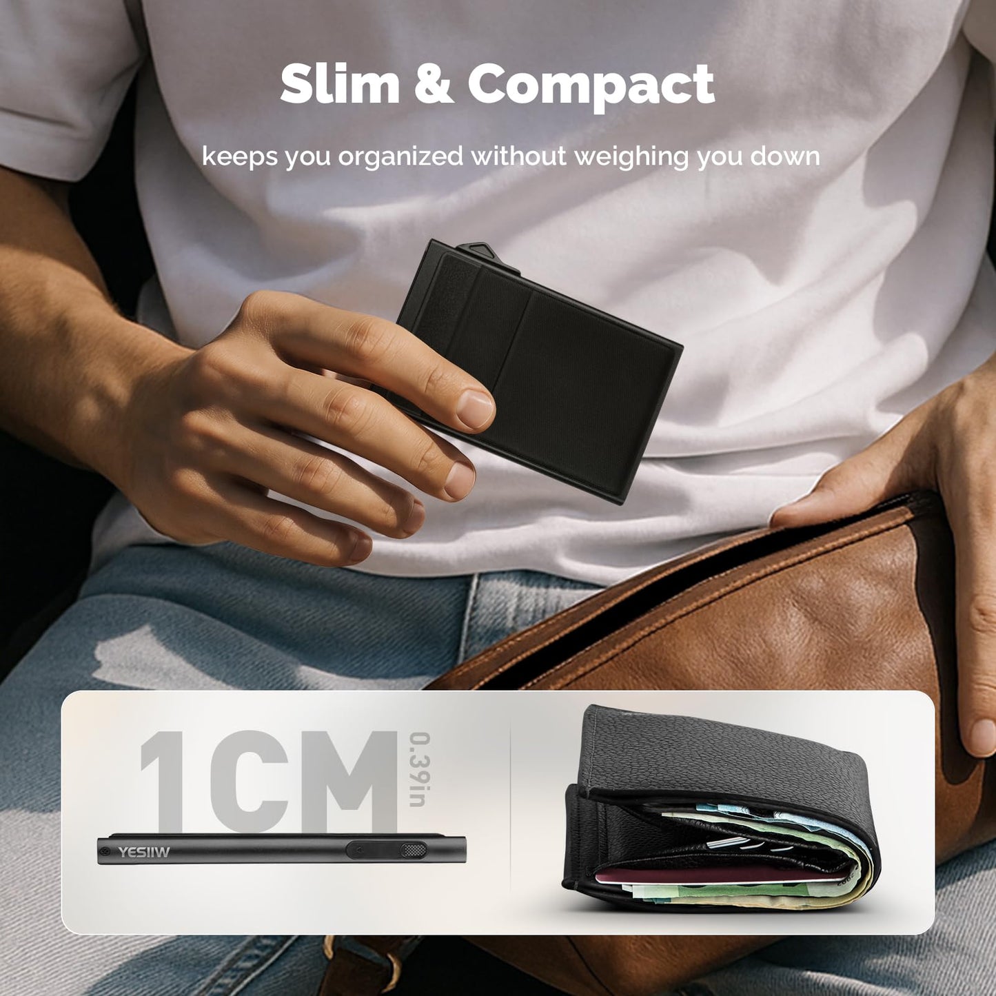 YESIIW Minimalist Pop up Card Holder Wallet for Men RFID Blocking | Slim Business Credit Card Wallet with Money Pocket | Aluminum Metal Bank Card Case for Notes and Coins and Debit Cards | Black