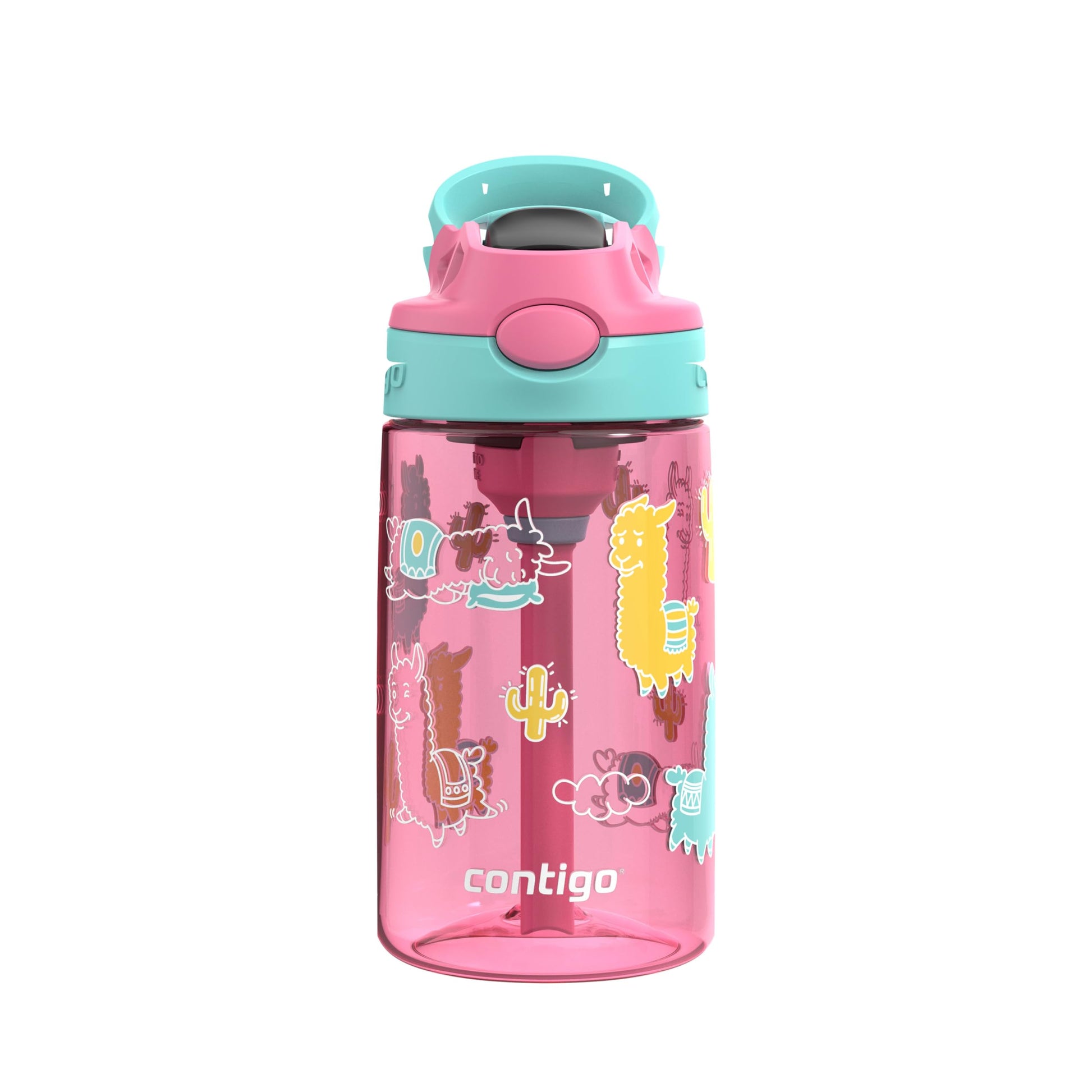 Contigo Kids Aubrey Straw Water Bottle with Leak-Proof Lid, BPA-Free Plastic, Dishwasher Safe, Azalea Jade Llama, 14 oz (414 mL)