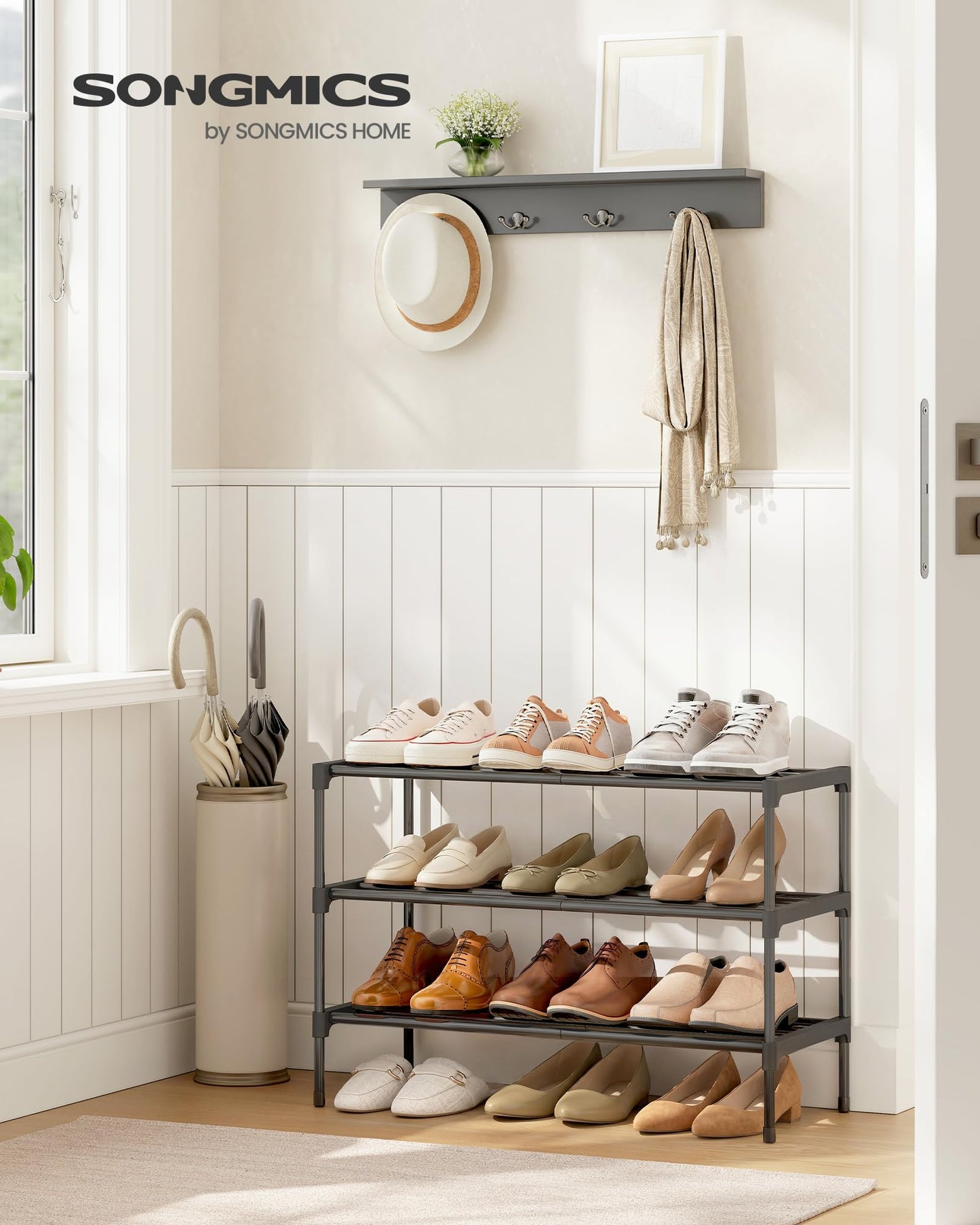 SONGMICS 3-Tier Shoe Rack for Closet, Compact Metal Shoe Organizer Shelf for Entryway, Bedroom, Small Spaces, Stackable, 11.8 x 24.5 x 19.1 Inches, Black ULSA123BH01 - Available at All In One Marketplace Canada