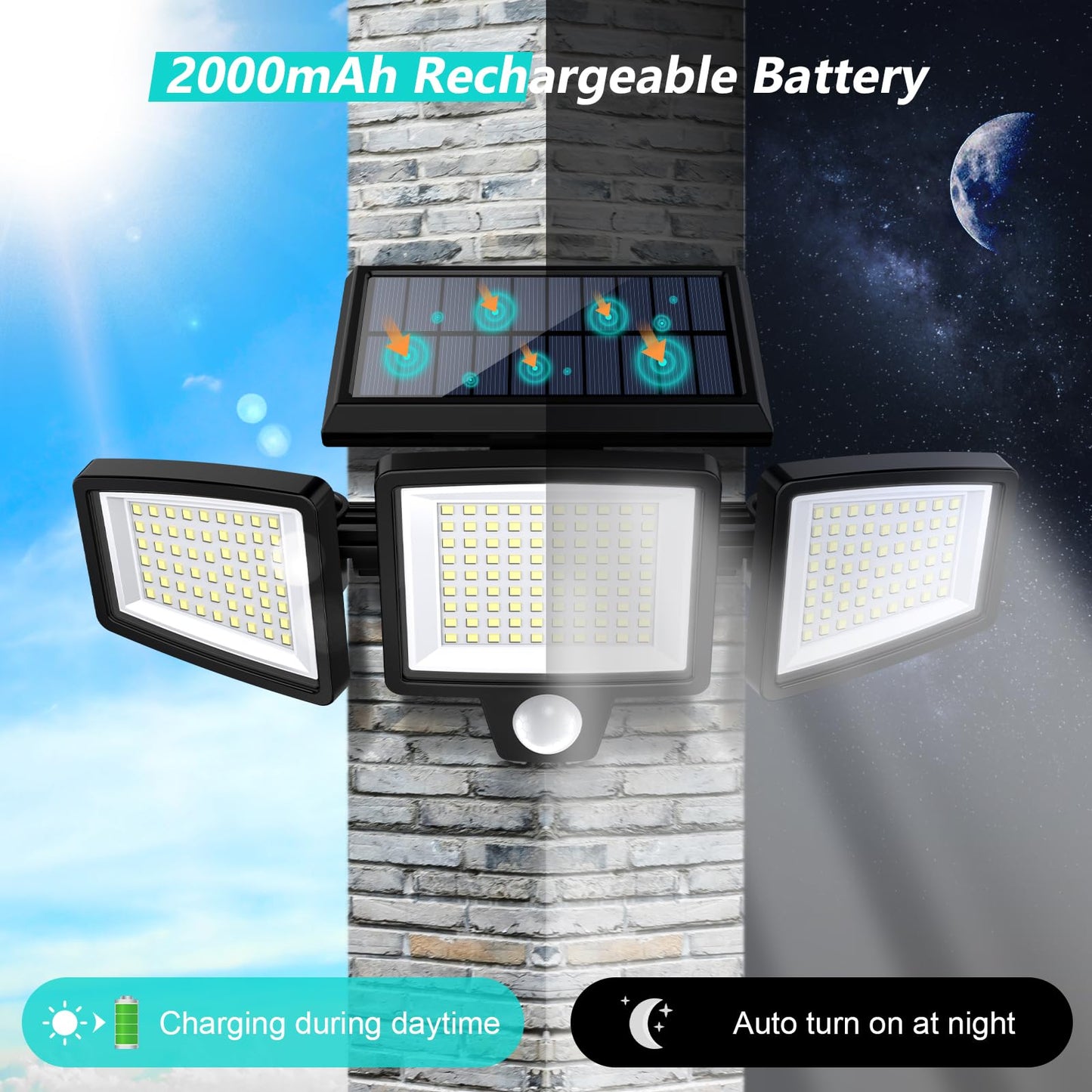 Solar Motion Sensor Outdoor Lights - 2500LM Bright LED Security Flood Light - Adjustable 3 Head Night Lighting Solar Powered IP65 Waterproof with Remote for Outside Garage Yard