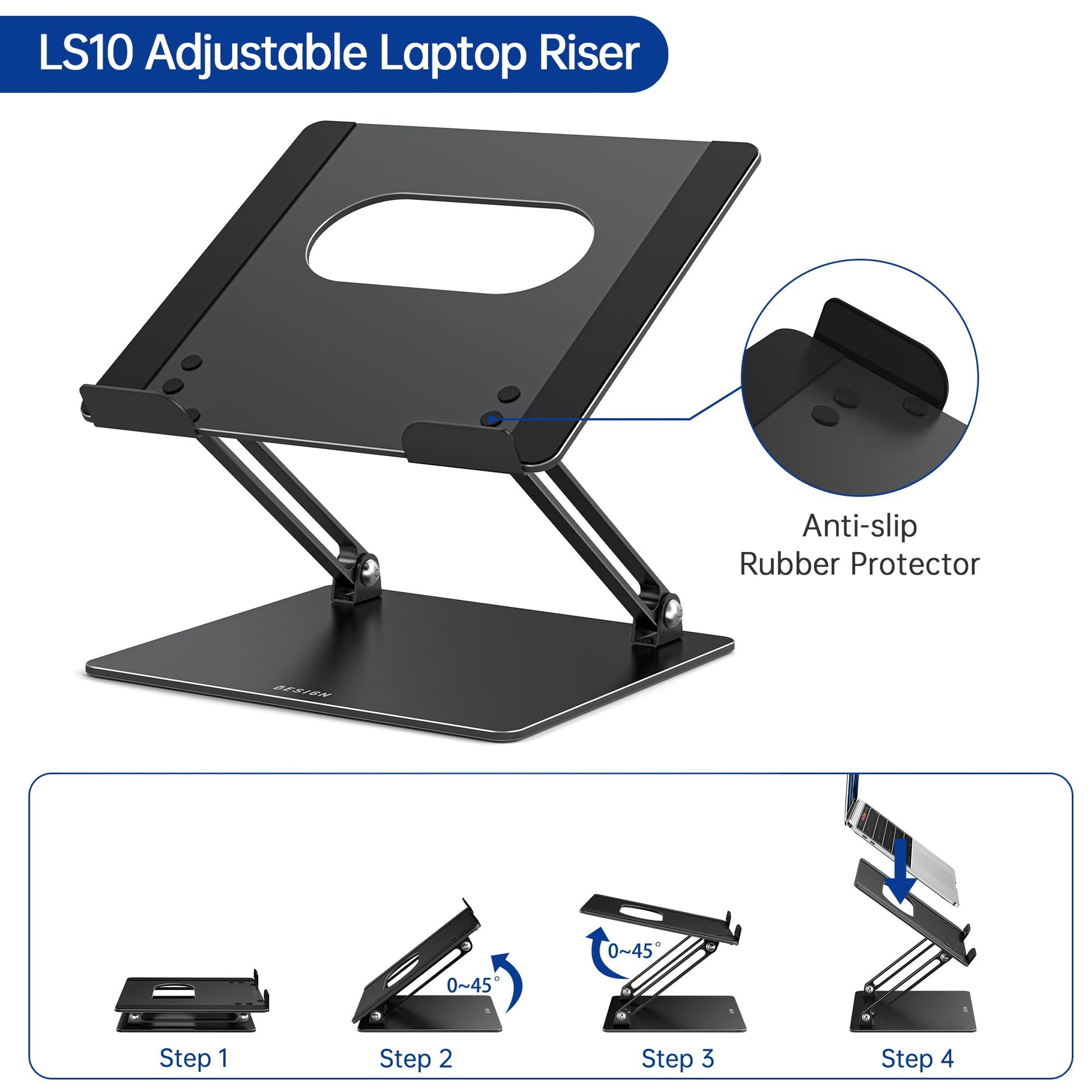 Besign LS10 Laptop Stand for Desk, Ergonomic Adjustable Notebook Tablet Stand, Riser Holder Computer Stand Compatible with Air, Pro, Dell, HP, Lenovo More 10-14" Laptops, Lapdesks (Black) - Available at All In One Marketplace Canada