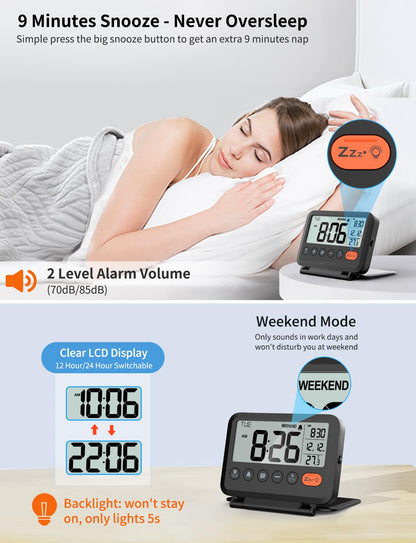 MeesMeek Digital Travel Alarm Clock: Small Bedside LCD Clock with Date Temperature Snooze Backlight 12/24H Weekend Mode and 2 Volume, Desk Clock for Kids Office Bedroom, Battery Included (Black) - Available at All In One Marketplace Canada