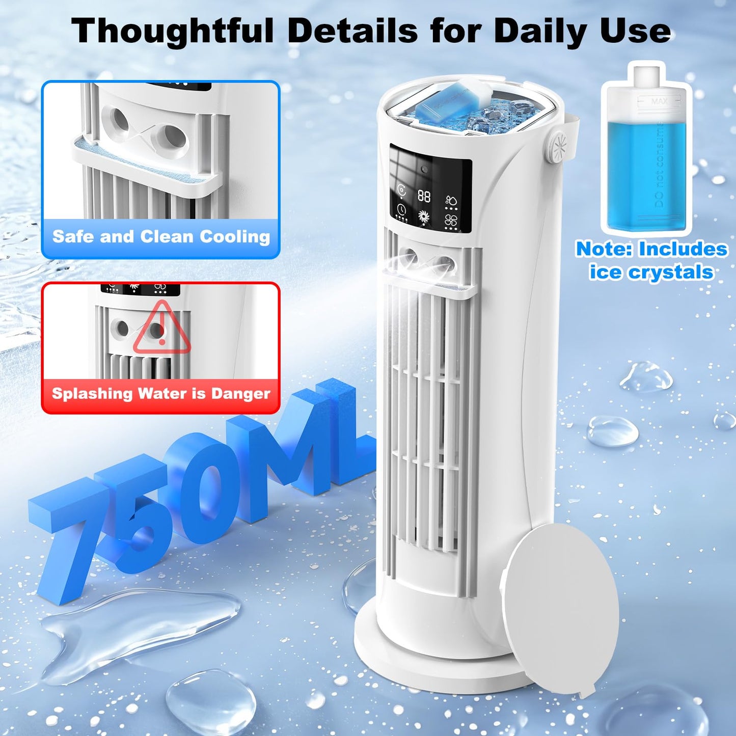Portable Air Conditioners, 120 °rotating tower fan, portable AC for 3 wind speeds,Storm mode, 8H timing, Evaporative Air Cooler with remote control,750ML water tank, spray,cooling fan for home - white