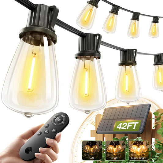 addlon 42FT(36+6) Solar Lights Outdoor Waterproof, String Lights Outdoor Solar power with Remote & USB Port 12+1 LED Shatterproof Bulbs 3 Light Modes,Dimmable &Timable Solar Light for Camping Backyard
