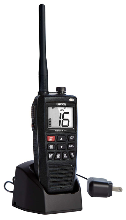 Uniden Atlantis 275 Handheld Two-Way VHF Marine Radio, Floating IPX8 Submersible Waterproof, Large Dual-Color Screen, 6-Watt, All USA/International/Canadian Marine Channels, NOAA Weather Alerts Uniden