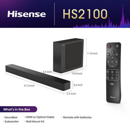Hisense HS2100 2.1 Channel 240W Soundbar with Wireless Subwoofer, Powered by Dolby Audio, Roku TV Ready, Bluetooth 5.3/HDMI ARC/Optical/AUX/USB, 6 Tailored Sound Modes Hisense