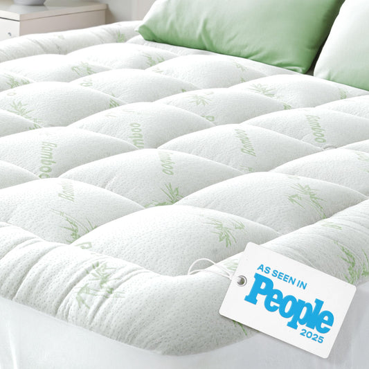 Bamboo Mattress Topper Queen RV Size - Thick Cooling Breathable Pillow Top Mattress Pad for Back Pain Relief - Deep Pocket Topper Fits 8-20 Inches (60x75 Inches, Green)