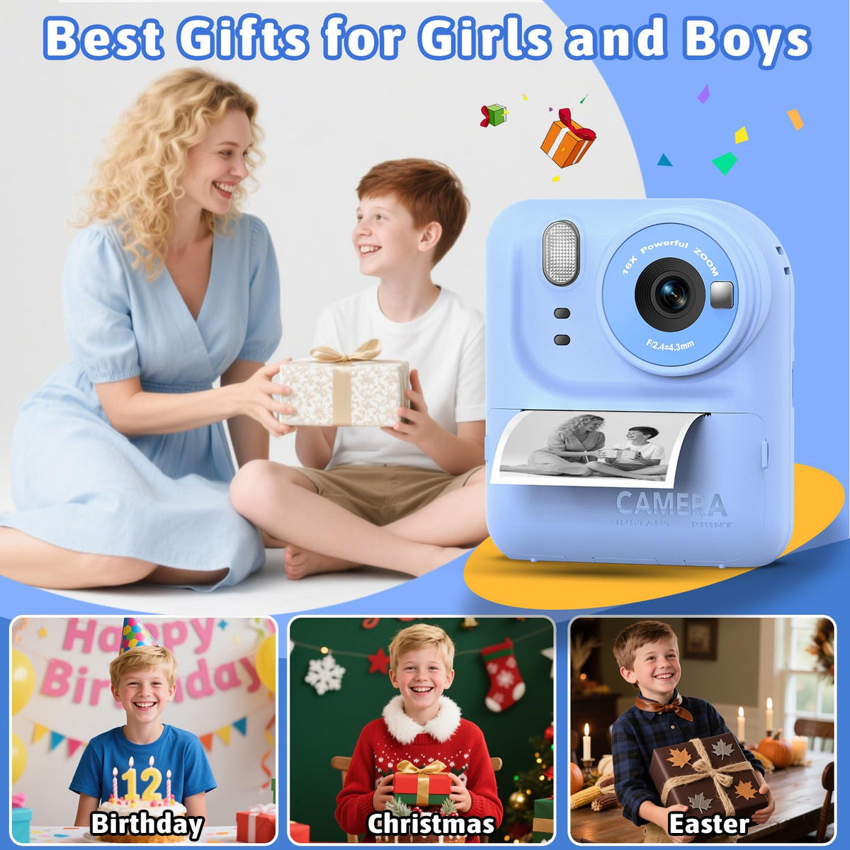 Okaloka Kids Instant Print Camera Toys,1080P HD Toddler Digital Video Camera,Christmas Birthday Gifts for Girls Boys Age 3-12 Year Old - 32G SD Card Included (Blue) 🍁 All In One Marketplace Canada