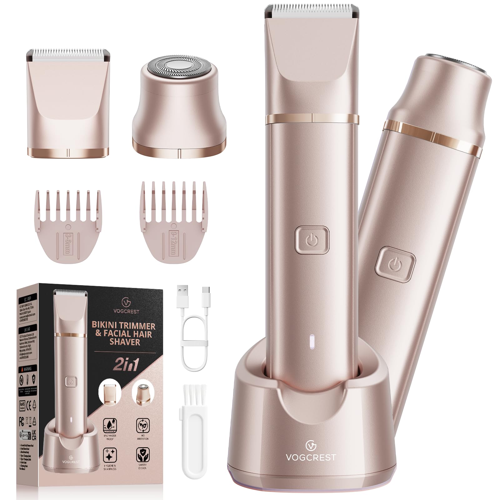 VG VOGCREST Bikini Trimmer for Women: 2-in-1 Rechargeable Painless Body Shaver - Portable Travel-Friendly Pubic Grooming Kit for Underarm Leg Arm (Champagne Gold)