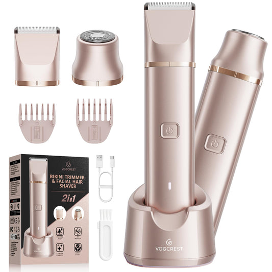 VG VOGCREST Bikini Trimmer for Women: 2-in-1 Rechargeable Painless Body Shaver - Portable Travel-Friendly Pubic Grooming Kit for Underarm Leg Arm (Champagne Gold)