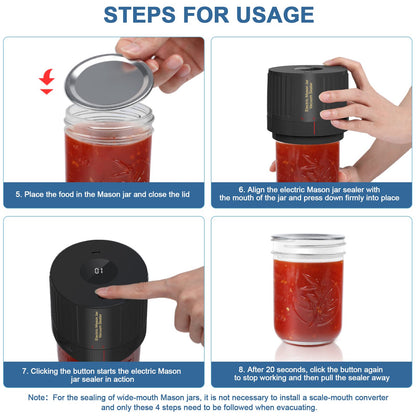 Electric Mason Jar Vacuum Sealer Kit, Portable Vacuum Sealer for Regular and Wide Mason Jars, Food Storage and Fermentation, Deep Black - Available at All In One Marketplace Canada
