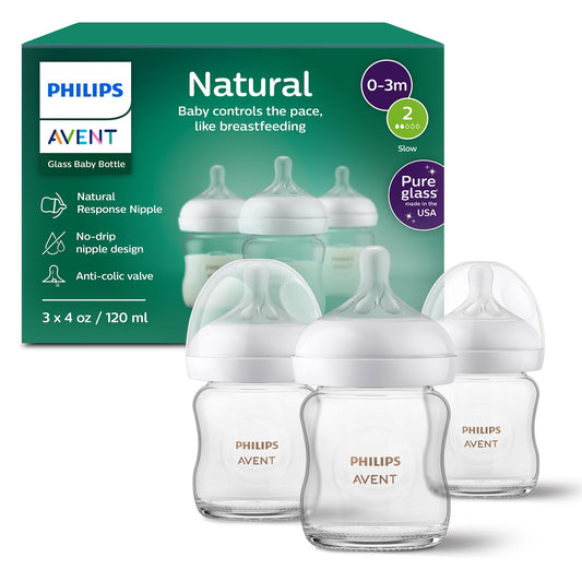 Philips Avent Natural Glass Baby Bottles with Natural Response Nipples (Slow Flow, Flow 2), 4oz, 3-pack, SCY910/03