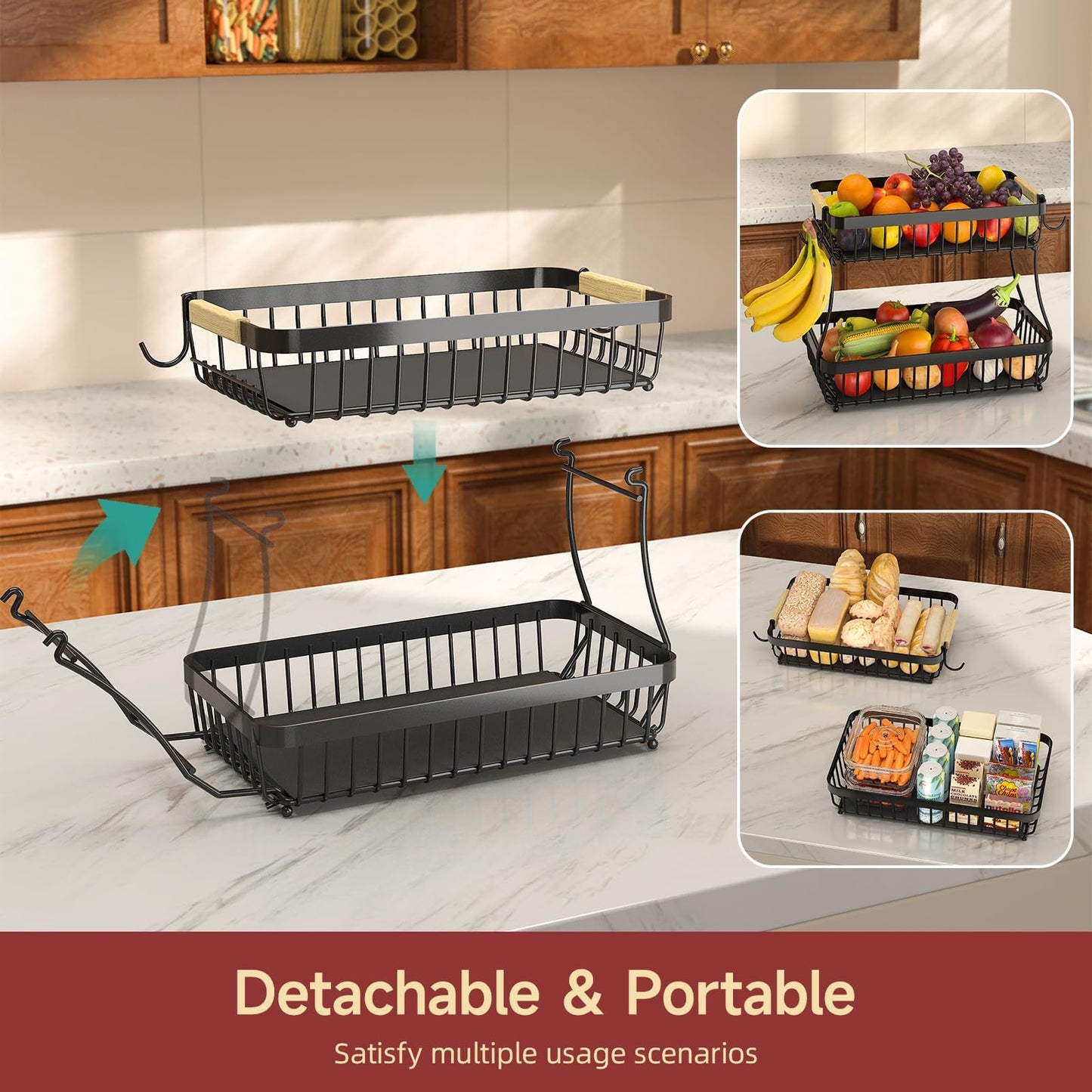 2 Tier Large Fruit Bowl for Kitchen Counter with 2 Banana Holders,2026 Sturdy Metal Fruit Basket with Protective Mats Keeping Fruits Fresh,Kitchen Organizers and Storage for Bread Potato Onion Storage - Available at All In One Marketplace Canada