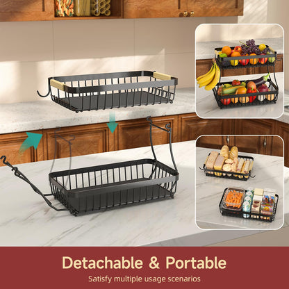 2 Tier Large Fruit Bowl for Kitchen Counter with 2 Banana Holders,2026 Sturdy Metal Fruit Basket with Protective Mats Keeping Fruits Fresh,Kitchen Organizers and Storage for Bread Potato Onion Storage - Available at All In One Marketplace Canada