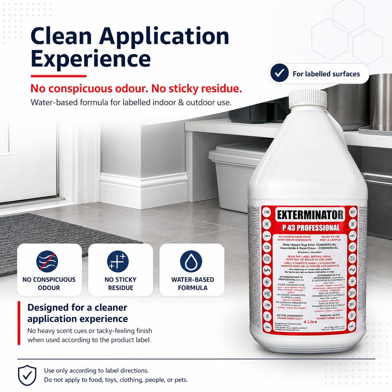 Exterminator P 43 Professional | Insect Killer Spray | Water-Based, Odor-Free Formula | 4L | Kills Ants, Cockroaches, Ticks, House Flies, Spiders | Indoor & Outdoor Use | Permethrin 0.25% - Available at All In One Marketplace Canada