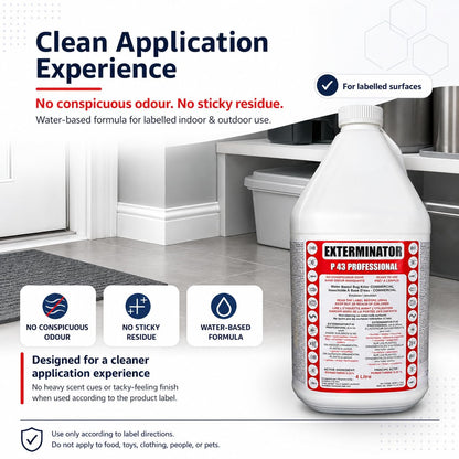 Exterminator P 43 Professional | Insect Killer Spray | Water-Based, Odor-Free Formula | 4L | Kills Ants, Cockroaches, Ticks, House Flies, Spiders | Indoor & Outdoor Use | Permethrin 0.25% - Available at All In One Marketplace Canada