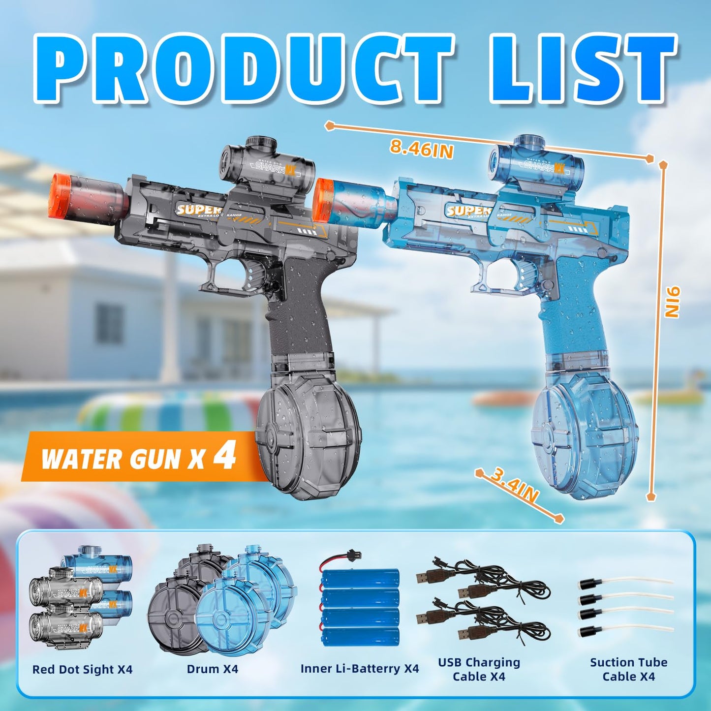 4PCS Electric Water Gun for Kids Adults,Mini Auto Squirt Gun with Flashing Muzzle,26FT Range,Leak-Proof Rechargeable Water Blaster for Summer Pool Beach Water Fights (Black+Blue)
