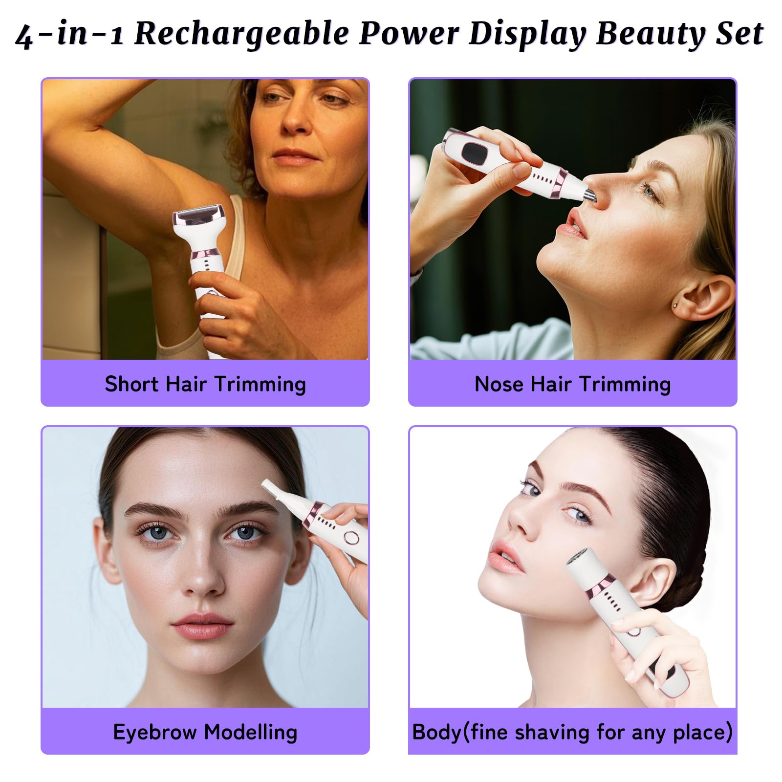 Beanify Electric Razor for Women Men,4 in 1 LED Display Ladies Wet & Dry Body Razors and Facial Hair Remover, Rechargeable Painless Hair Removal Kit for Nose Face Body Leg Bikini Arm Hair (Pink) - Available at All In One Marketplace Canada