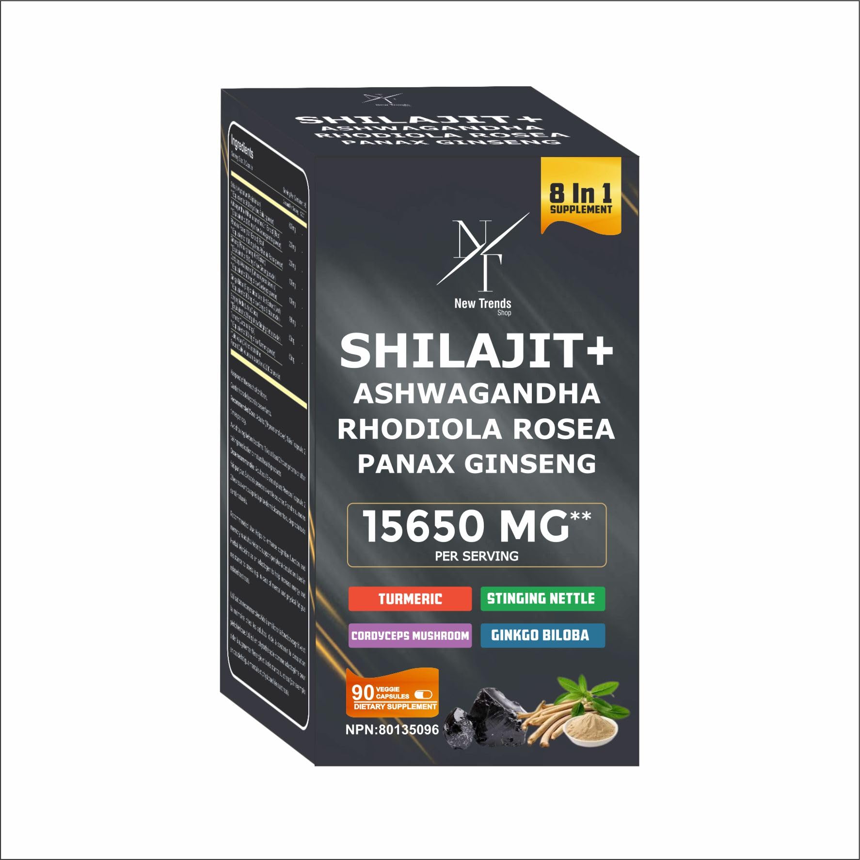 8-in-1 Shilajit Himalayan Organic Supplement with Shilajit 9000, Ashwagandha 2000MG, Rhodiola Rosea 1000MG, Panax Ginseng 1500MG, Cordyceps Mushroom 500MG, Gingko Biloba 500MG, Stinging Nettle 250MG, Turmeric (15,250 MG - 90 Caps) - Available at All In One Marketplace Canada