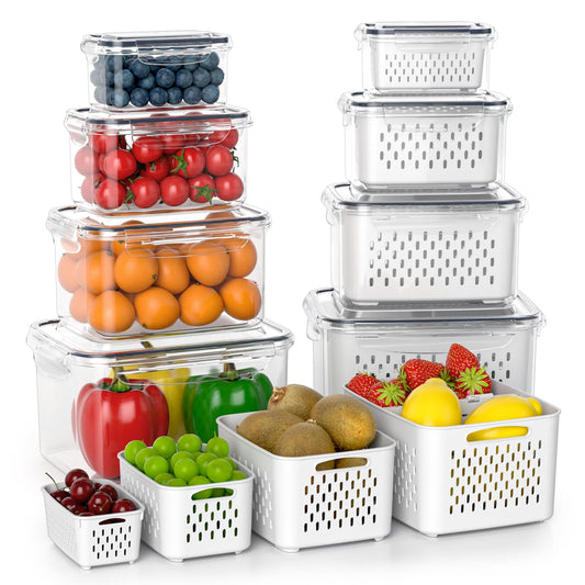 Fruit Storage Containers for Fridge with Removable Colander, 8 Pack Fruit Containers for Fridge with 2 Function Divider Plate, Airtight Storage Container to Keep Berry Fruit Fresh, Dishwasher Safe - Available at All In One Marketplace Canada