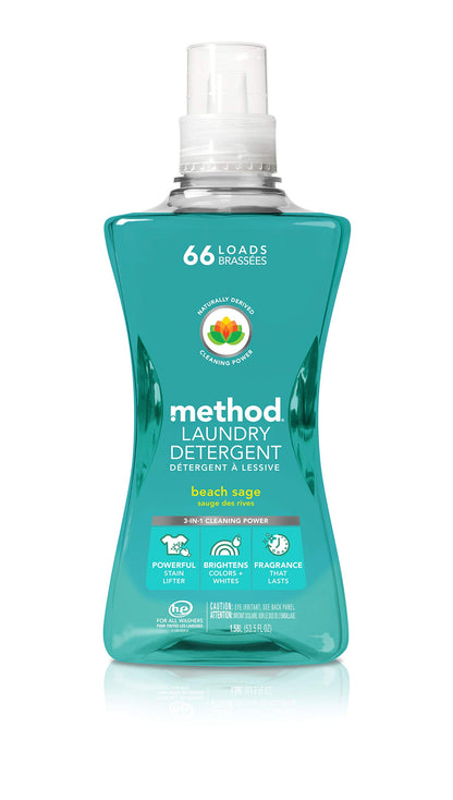 Method Liquid Laundry Detergent, Hypoallergenic + Biodegradable Formula, Plant-Based Stain Remover, Beach Sage Scent, 66 Loads per 1.5 Liter Bottles, 4 Pack (264 Total Loads), Packaging May Vary, Blue