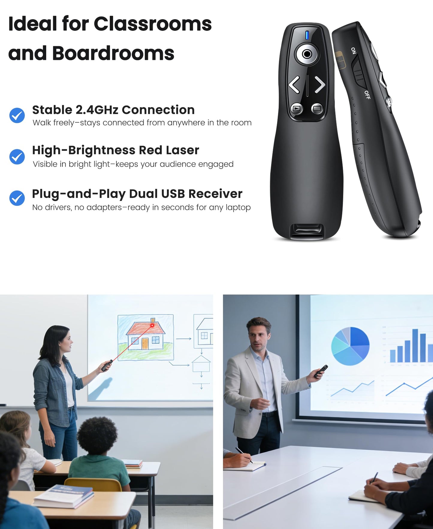 Presentation Clicker Wireless Presenter Remote for PowerPoint, RF 2.4GHz USB Powerpoint Clicker with Hyperlink & Volume Control PowerPoint Slide Advancer for Mac, Computer, Laptop