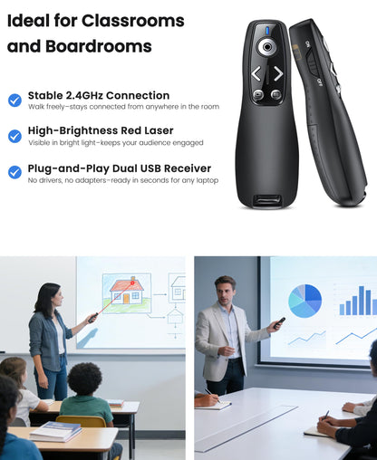Presentation Clicker Wireless Presenter Remote for PowerPoint, RF 2.4GHz USB Powerpoint Clicker with Hyperlink & Volume Control PowerPoint Slide Advancer for Mac, Computer, Laptop