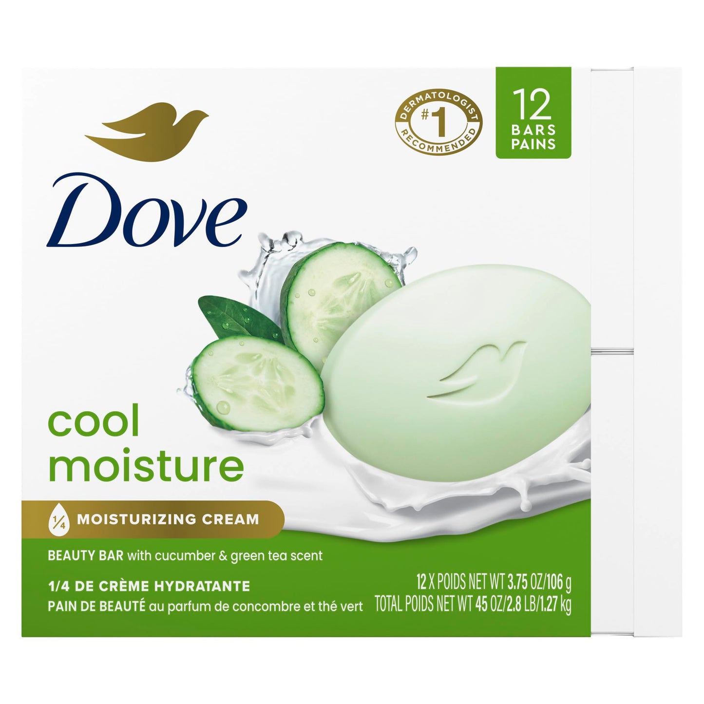 Dove Cool Moisture Beauty Bar Soap Cucumber Green Tea Scent, 106g, 12 Bars Dove