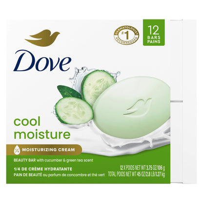 Dove Cool Moisture Beauty Bar Soap Cucumber Green Tea Scent, 106g, 12 Bars Dove