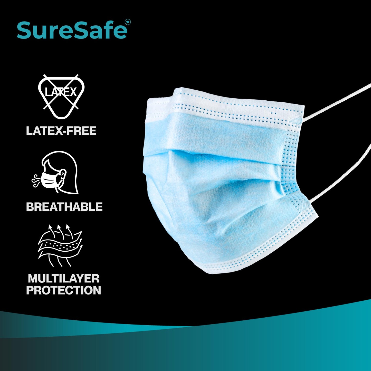 SURESAFE Premium Disposable Face Mask Pack of 100, 3 Ply face mask with Ear Loop, High Filtration, Comfortable and Breathable, Women and Men Face Mask, Blue