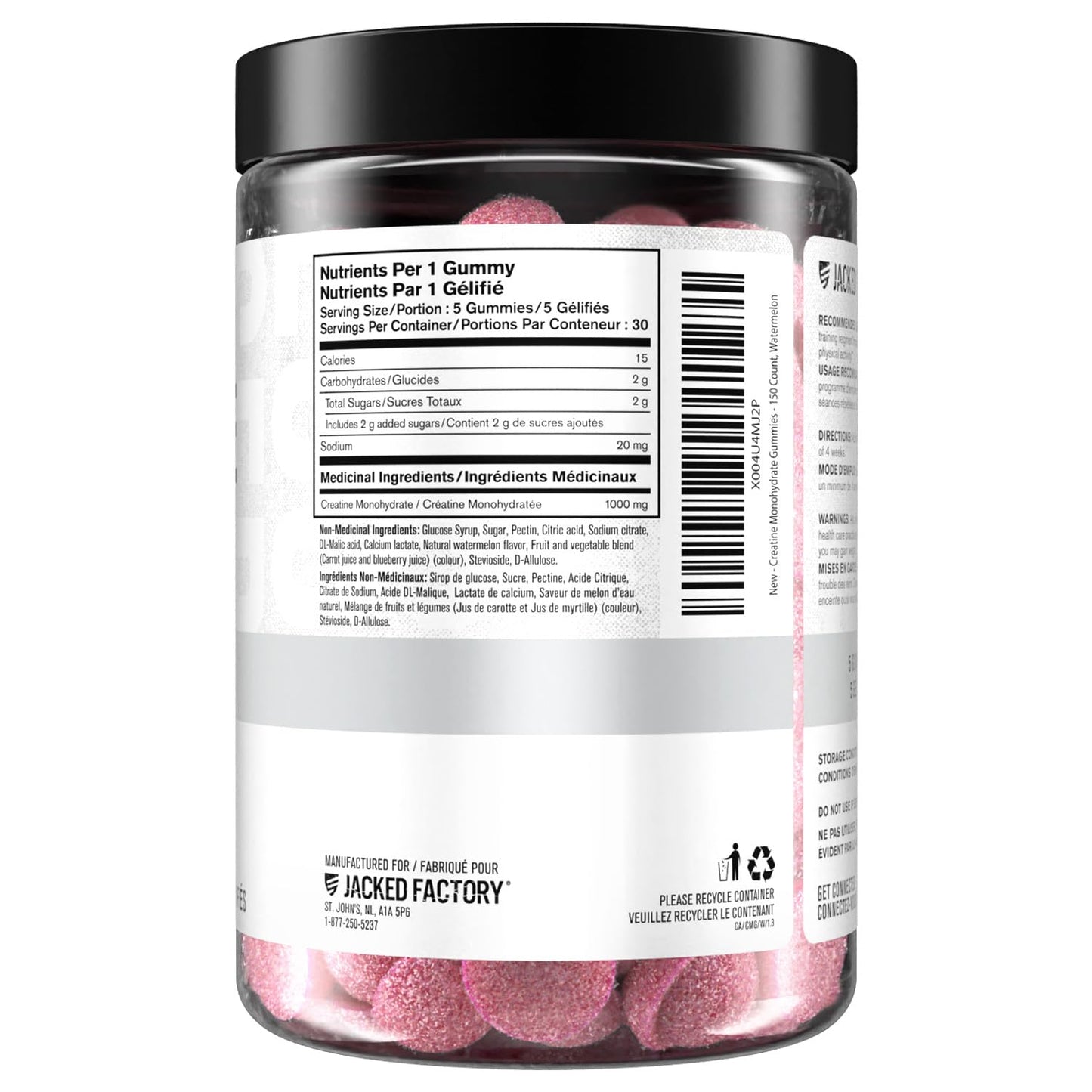Jacked Factory Creatine Gummies 5g Daily Dose (1g per Gummy) - Creatine Monohydrate Gummy for Men and Women, Vegan-Friendly, Travel-Friendly, Third-Party Tested - 150 Gummies, Watermelon - Available at All In One Marketplace Canada