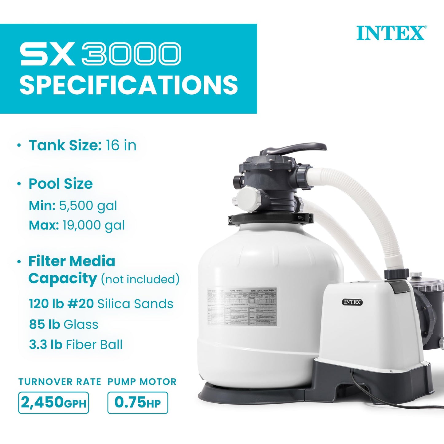 INTEX Krystal Clear 3,000 GPH Sand Filter Pump for Above Ground Pools