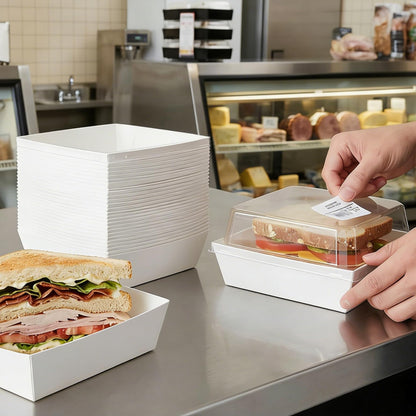 Hiceeden Set of 100 Sandwich Boxes with Clear Lids, White Paper Charcuterie Boxes, 5" Square Dessert Cake Boxes Food Grade for Swiss Roll, Hamburger, Pasta, Salad, Cookie 🍁 All In One Marketplace Canada