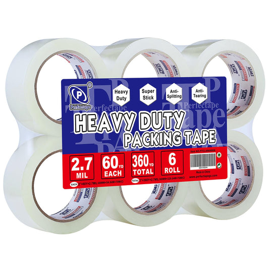PERFECTAPE Heavy Duty Packing Tape 6 Rolls, Total 360Y, Clear, 2.7 mil, 1.88 inch x 60 Yards, Ultra Strong, Refill for Packaging and Shipping