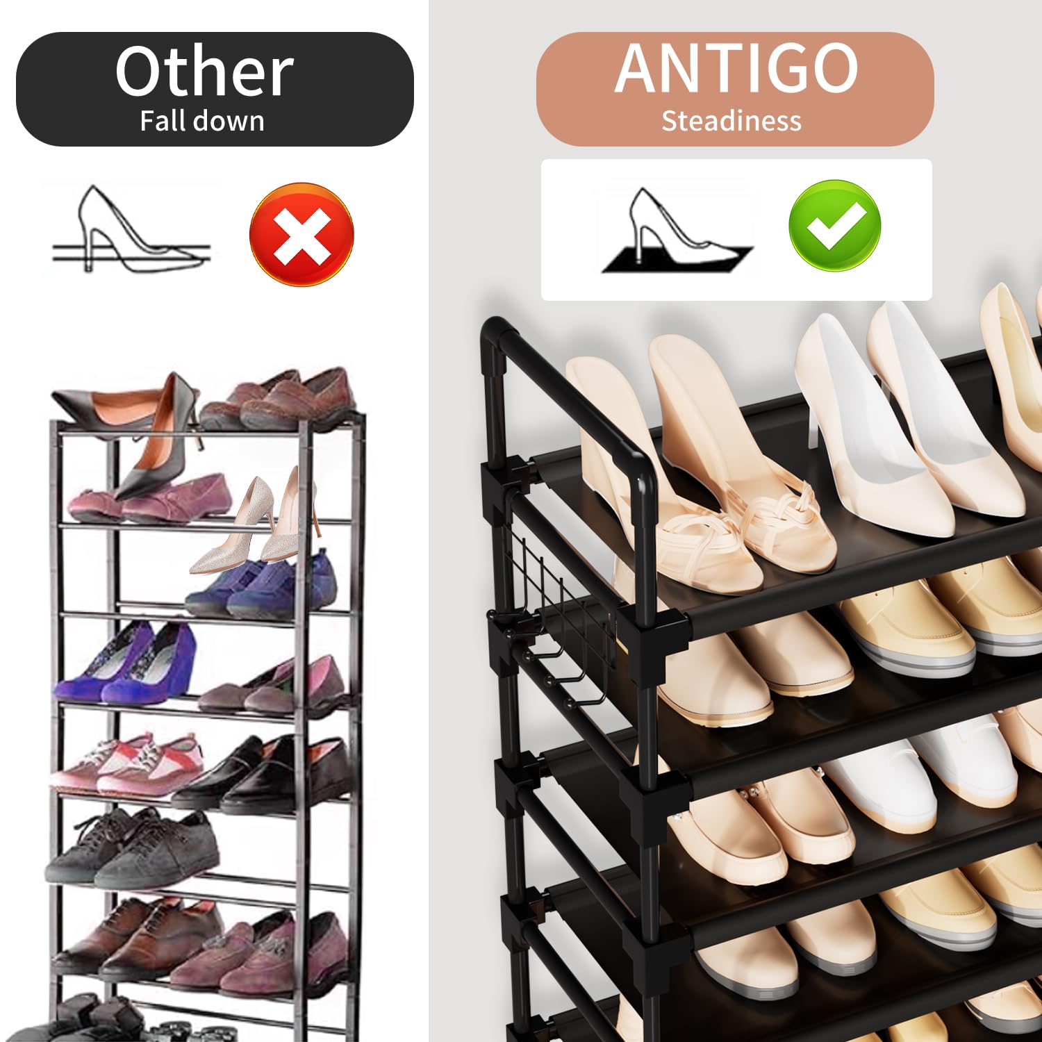 10 Tier Shoe Rack, Large Capacity Tall Shoe Storage Organizer Holds 50-55 Pairs Shoes and Boots, Vertical Shoe Shelf Cabinet with Versatile Hooks for Closet Entryway Garage Bedroom - Available at All In One Marketplace Canada
