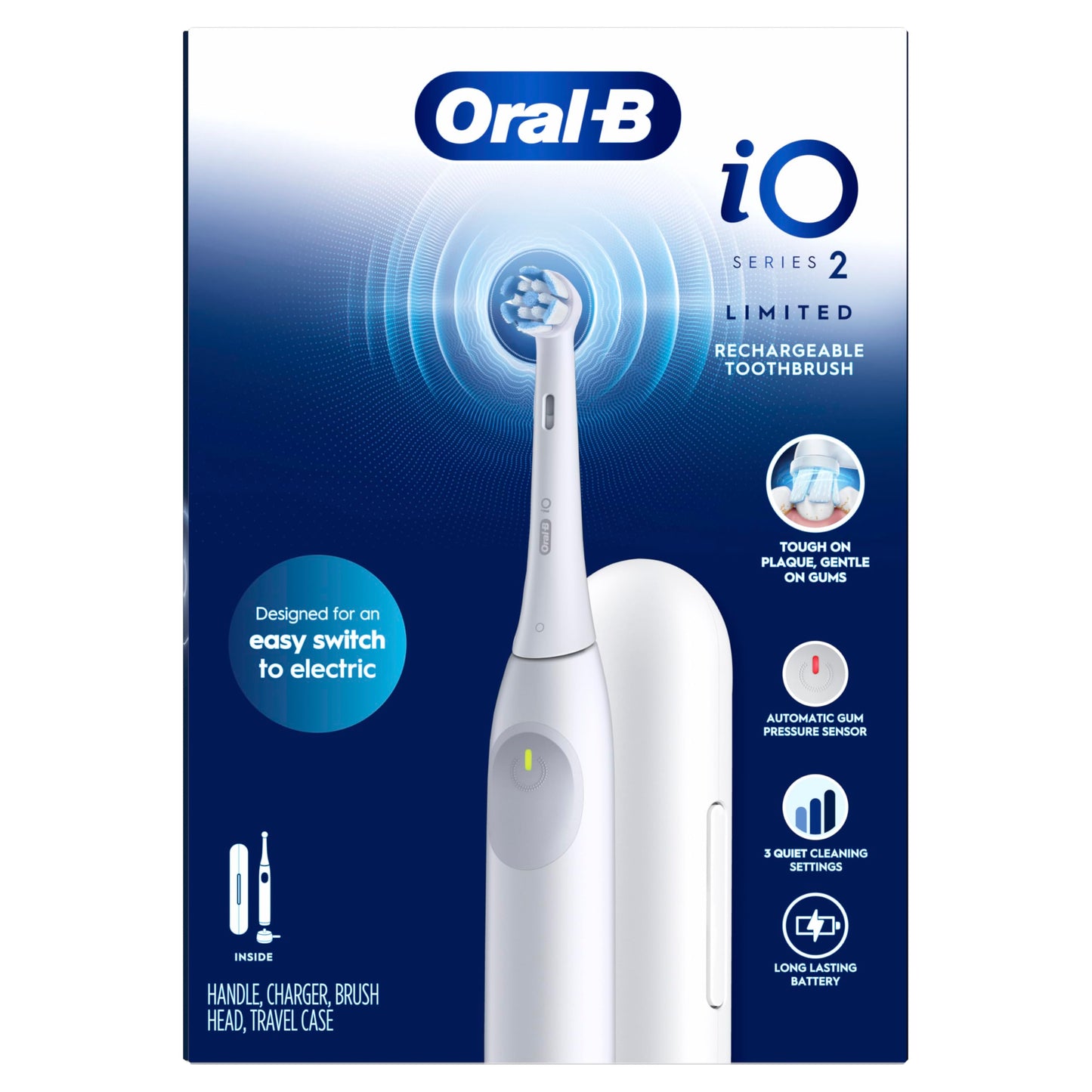 Oral-B iO2 Electric Toothbrush, for an Easy Switch to Electric, Pure White, Rechargeable Electric Toothbrushes, iO Series 2 Limited with 1 Power Toothbrush, 1 Brush Head, and 1 Travel Case