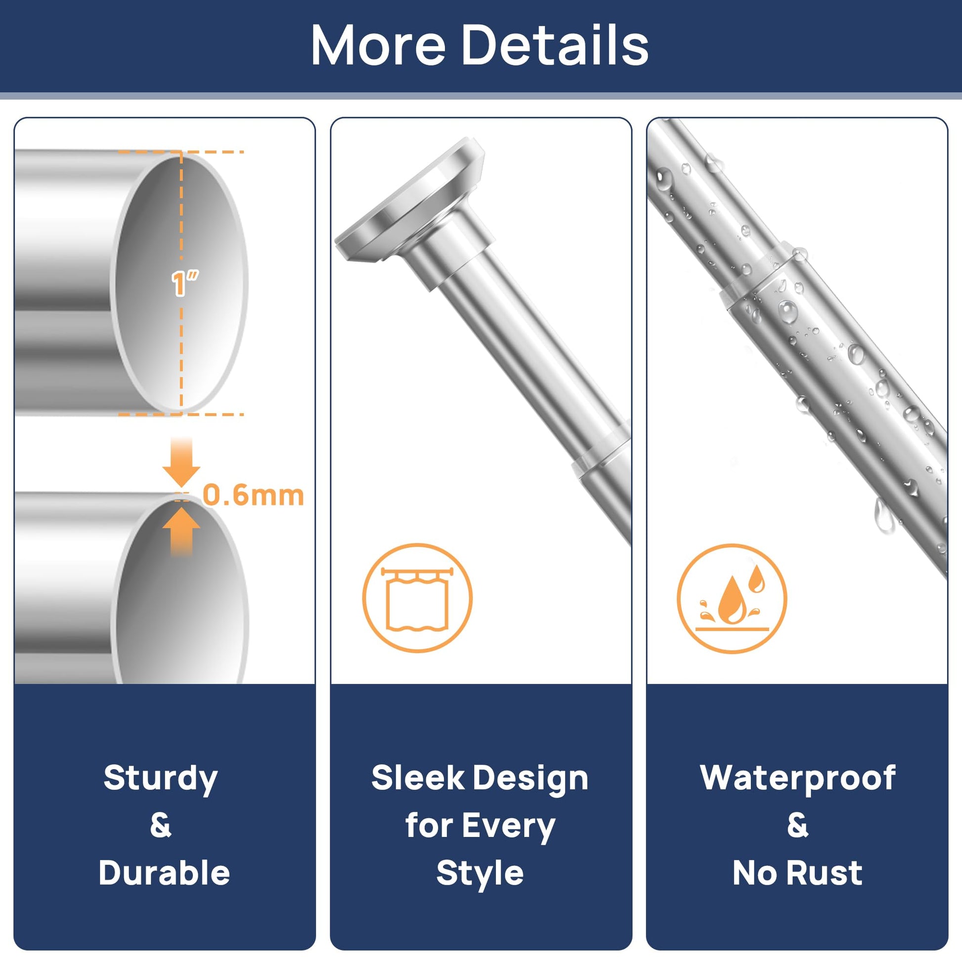 Shower Curtain Rod 30 to 76 Inches, 1 Inch Adjustable Spring Tension Stainless Steel Shower Rod No Drill for Bathroom, Closet, Window, Room Divider, Never Rust, Non Slip, Chrome